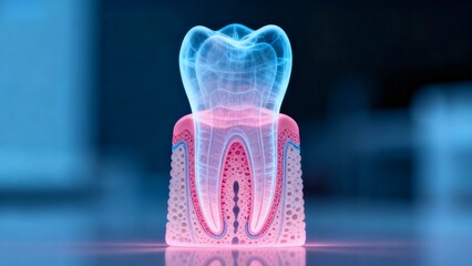 Blue and pink hue X-ray medical image, a tooth dissection cross-sectional radiography.