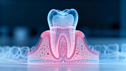 Blue and pink hue X-ray medical image, a tooth dissection cross-sectional radiography.