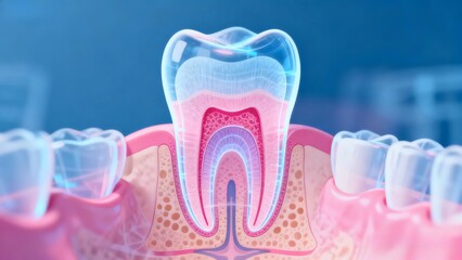 Blue and pink hue X-ray medical image, a tooth dissection cross-sectional radiography.