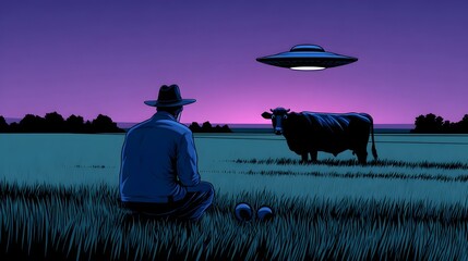A solitary man sits in a grassy field, transfixed by the sight of a glowing unidentified flying object hovering above a herd of cows in the dusky twilight.