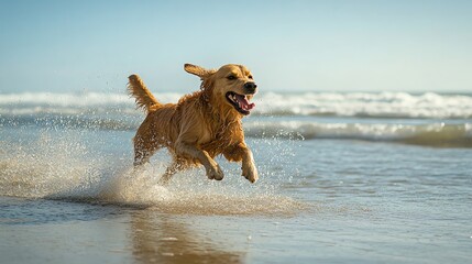 A dog playing and jumping through shallow waves at the beach, wet sand and splashes, lively and joyful scene