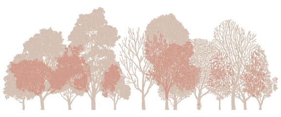 Minimal-style CAD side-view tree and wetland forest section outline set, ideal architectural and landscape design vector illustration for autumn foliage line drawings and environmental site plans.