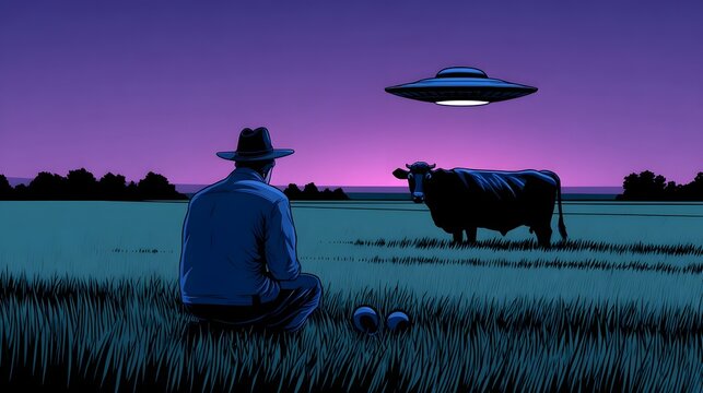 A solitary man sits in a grassy field, transfixed by the sight of a glowing unidentified flying object hovering above a herd of cows in the dusky twilight.