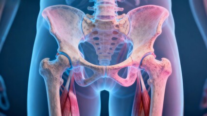 Blue and pink hue X-ray medical image, cross-sectional anatomy of the hip through X-ray perspective view;