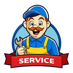 Cartoon Mechanic Mascot Holding Wrench and Service Banner Vector Illustration