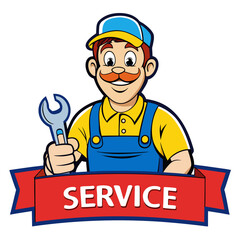 Cartoon Mechanic Mascot Holding Wrench and Service Banner Vector Illustration