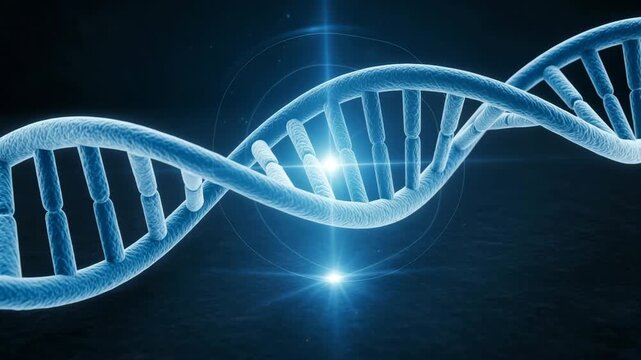 Blue D N A helix rotating in dark space with glowing light and abstract rings science technology Ai HD 4K video.
