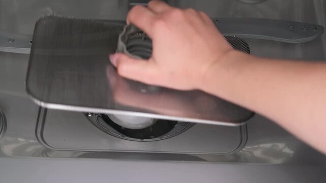 A woman's hand washes a filter in a dishwasher
