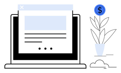 Laptop with open webpage and plant growing a money sign. Ideal for business, finance, investment, digital marketing, entrepreneurship, e-learning, and productivity themes. Simple flat metaphor