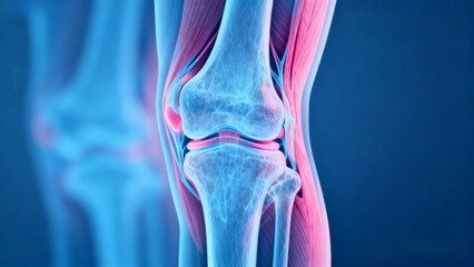 Blue and pink hue X-ray medical image, knee joint anatomical cross-sectional radiography;