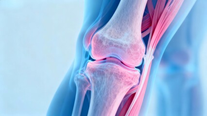 Blue and pink hue X-ray medical image, knee joint anatomical cross-sectional radiography;