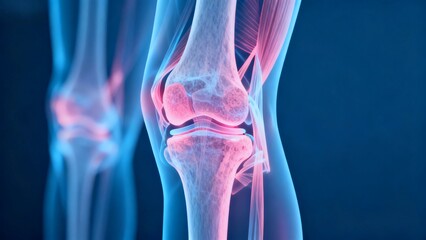 Blue and pink hue X-ray medical image, knee joint anatomical cross-sectional radiography;