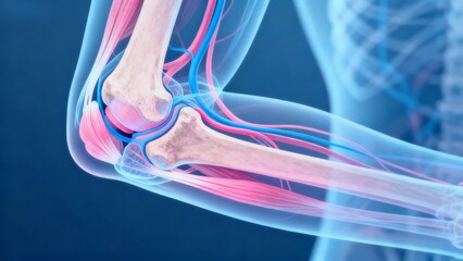 Blue and pink hue X-ray medical image, elbow joint anatomical cross-sectional radiography
