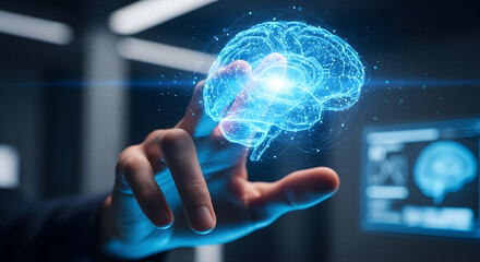 Human hand interacting with glowing holographic brain, symbolizing AI, neuroscience, innovation, and futuristic technology.