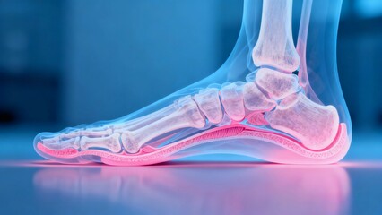 Blue and pink hue X-ray medical image, foot anatomy cross-sectional radiographic view;