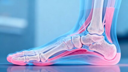 Blue and pink hue X-ray medical image, foot anatomy cross-sectional radiographic view;