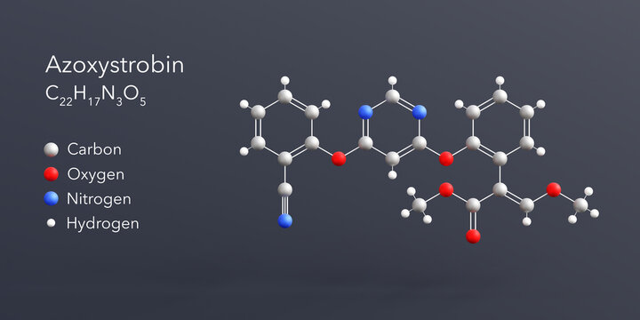 azoxystrobin molecule 3d rendering, flat molecular structure with chemical formula and atoms color coding