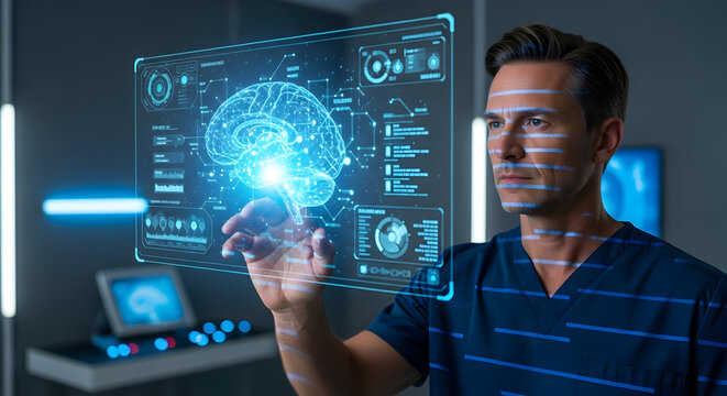 Medical Professional Interacting with Futuristic Holographic Brain Interface in High-Tech Lab