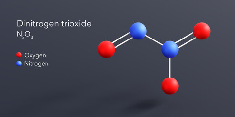 dinitrogen trioxide molecule 3d rendering, flat molecular structure with chemical formula and atoms color coding