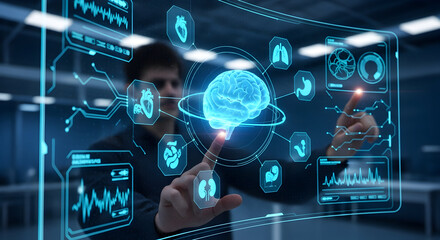 Digital healthcare: Innovator interacting with futuristic holographic interface displaying human brain and organs, AI diagnostics and medical techn...