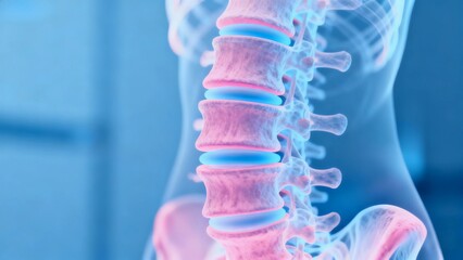 Blue and pink hue X-ray medical image, cross-sectional radiographic anatomy of the spine