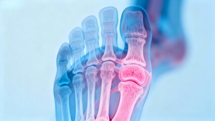 Blue and pink hue X-ray medical image, foot anatomy cross-sectional radiographic view;