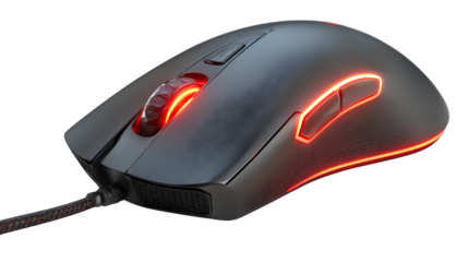 Gaming mouse with RGB lighting, sleek curves and glow accents, isolated on white background