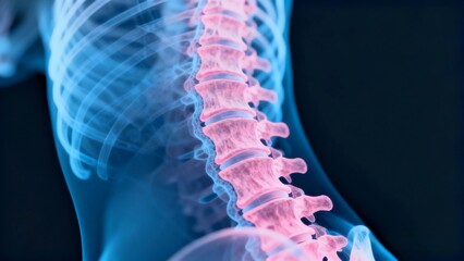 Blue and pink hue X-ray medical image, cross-sectional radiographic anatomy of the spine
