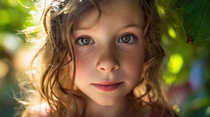 Fototapeta premium A young girl with brown hair and green eyes is looking at the camera. She has a slight frown on her face