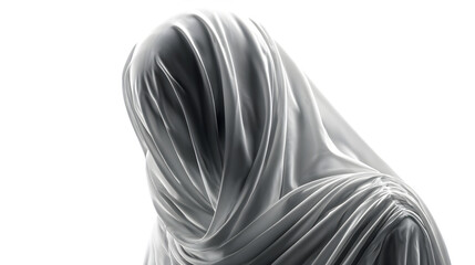 Ghostly figure in white fabric, draped folds with eerie shadows, low-key look, isolated on white background