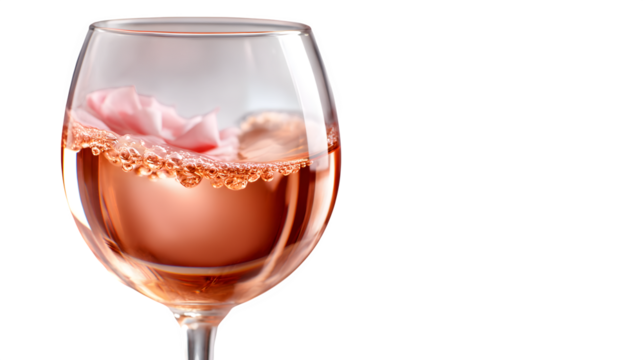 Glass of ros? wine, translucent pink tones with light refraction, clean studio light, isolated on white background