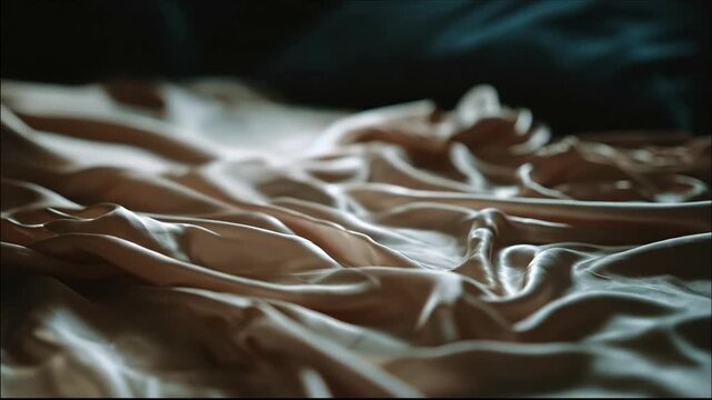 Abstract close up of rumpled silk fabric in moody low light.