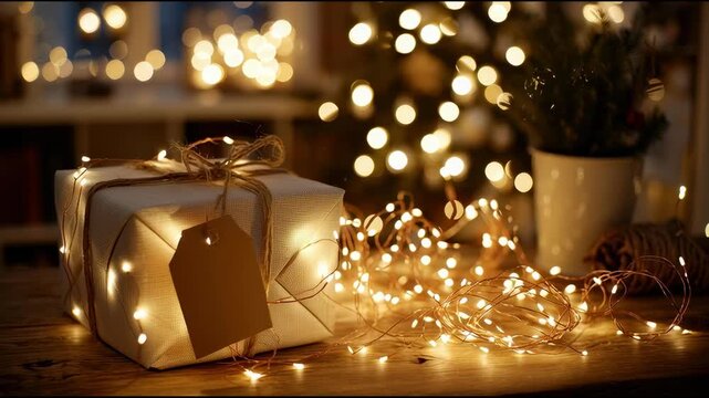 Christmas gift box with fairy lights and blank tag on a wooden table