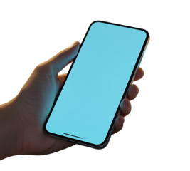 Close up of a human hand holding a modern smartphone with a bright blank blue screen isolated on transparent background