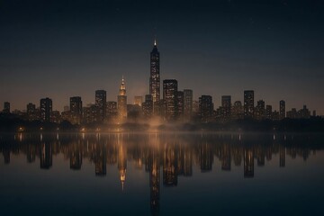 Fototapeta premium Modern city skyline reflected in water at dusk