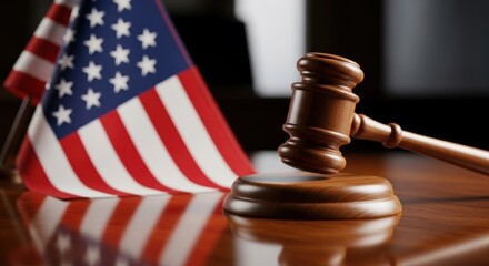 A wooden judge's gavel and American flag on a wooden desk.