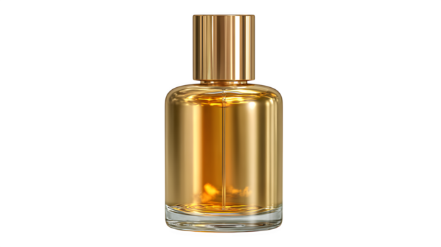Gold perfume bottle, metallic lacquer finish with minimal label space, isolated on white background