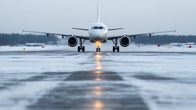 Plane prepares for takeoff on a winter day. The aircraft taxis along a snowy runway, its headlights reflecting in the wet ice. Trees visible in the background.