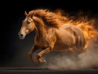 Obraz premium Horse with a mane of fire is running through the air. Concept of freedom and power, as the horse's mane and tail are blown by the wind
