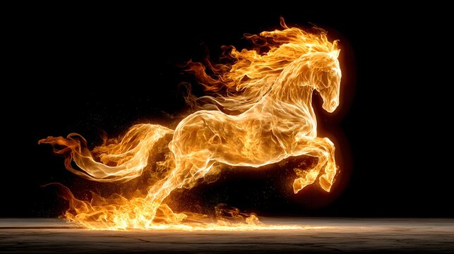 Horse is depicted in a fiery blaze, with its legs spread wide and its mane flowing in the wind. Concept of power and freedom, as the horse appears to be running through a fiery blaze