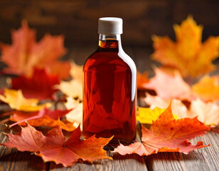 Maple syrup bottle with maple leaves on wooden table