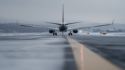 An airplane speeds down a wet runway with a snowy background, reflecting the runway lights, ready to take off into the overcast sky above on a cold winter day.