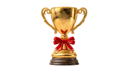 Golden trophy with red ribbon 3D rendered, reflective metallic shine, studio light, isolated on white background