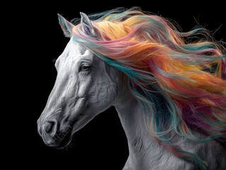 Horse with rainbow colored hair. The horse is white and has a black background. The colors of the horse's hair are bright and vibrant, creating a sense of energy and excitement
