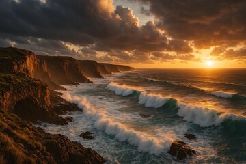 Obraz premium Majestic Coastal Sunset with Crashing Waves and Dramatic Cliffs at Golden Hour