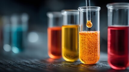 Row of glass beakers with different colored liquids in them. The colors are red, orange, yellow, and blue