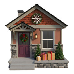 Obraz premium Charming Christmas House with Stone Foundation Decorated for Holidays New Year 2026 Festive Home Gifts Wreath Snowflake 3D Illustration
