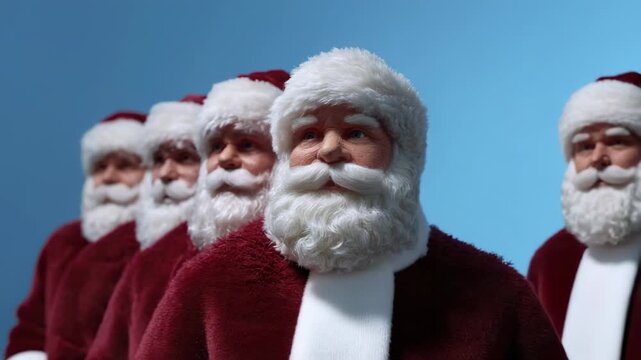 A row of several bearded figures in red and white festive attire with one prominent in the foreground and others receding into a blue background