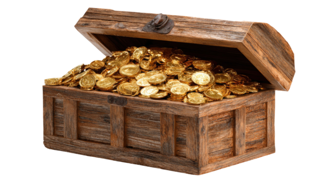 open wooden treasure chest filled with gold coins antique pirate storage box vintage adventure object isolated on white background
