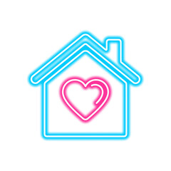 A bright neon blue house outline with a pink heart shape inside, symbolizing home and love.